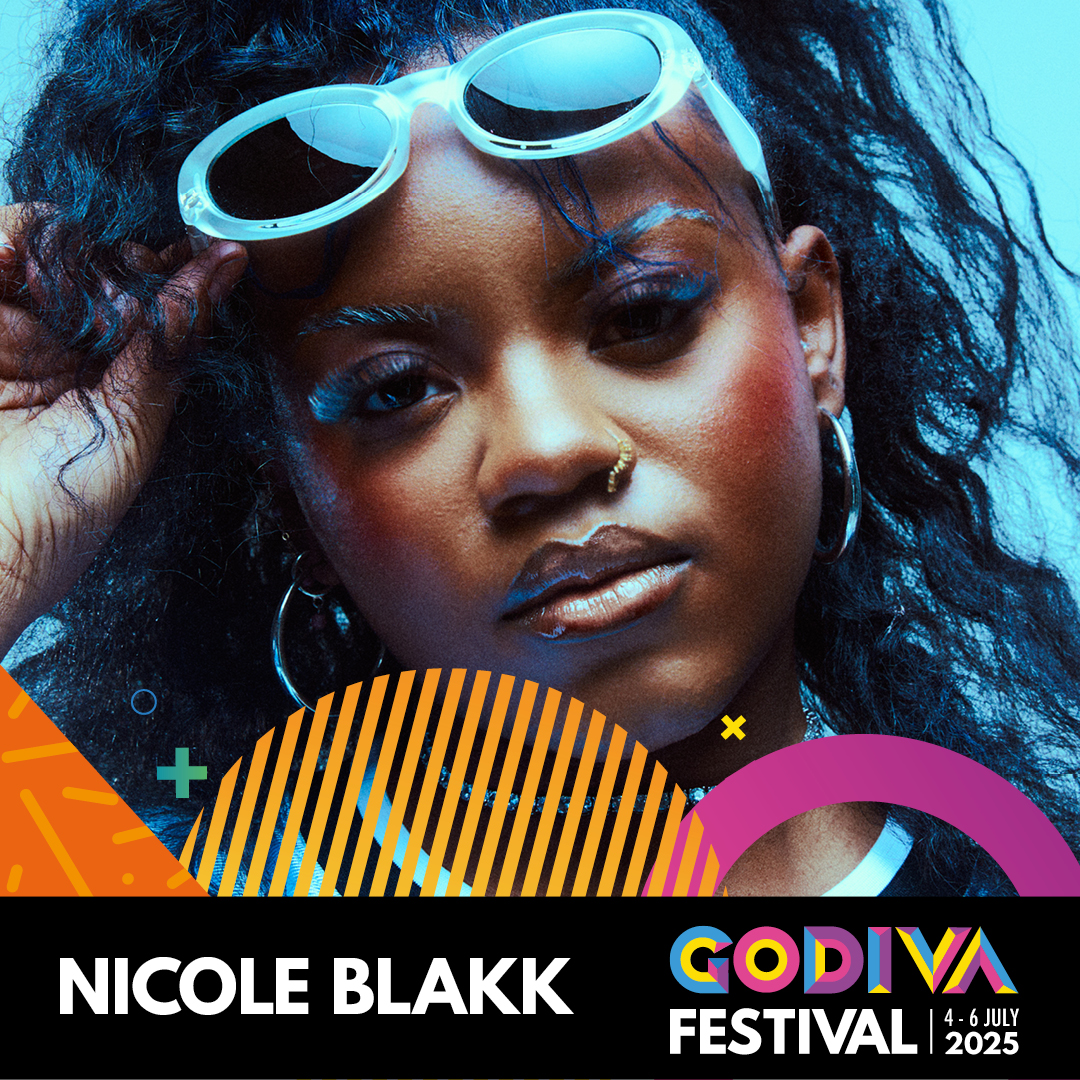 Head shot of Nicole looking at the camera with sunglasses on her head.  name and Godiva logo at bottom