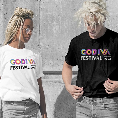 Two people wearing Godiva t-shirts
