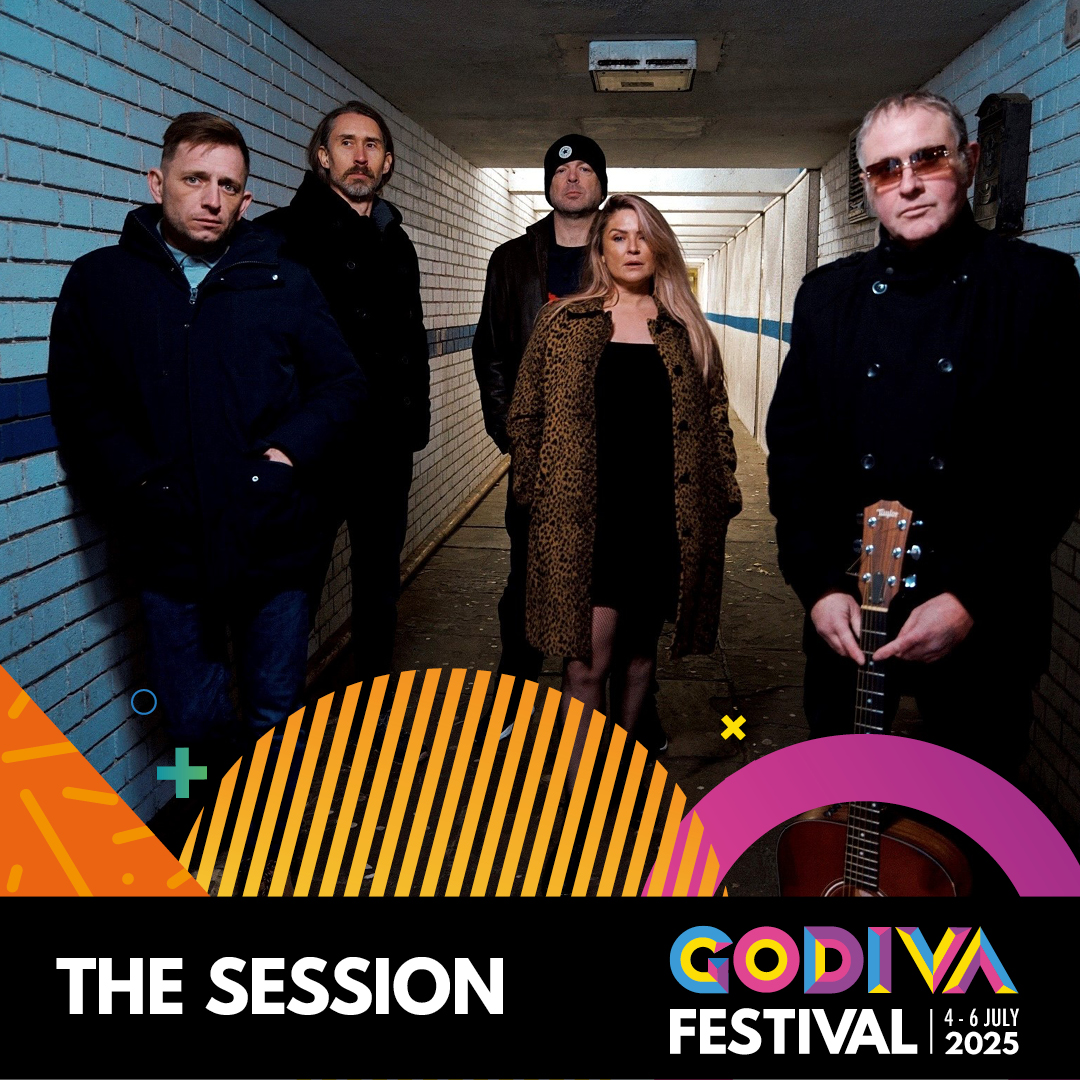 The Session band standing with name and Godiva logo at the bottom