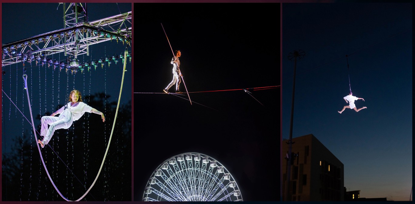Photos of aerial performers in the dark